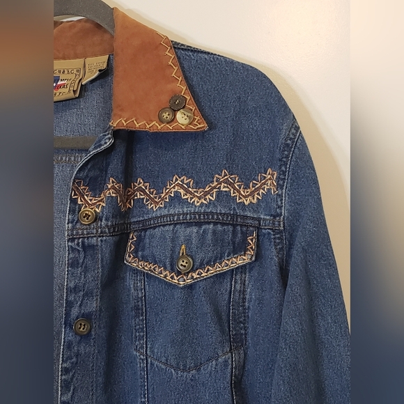 Don't Mess With Texas Western Denim Jean Jacket Embroidered Faux Suede Small - Picture 4 of 13